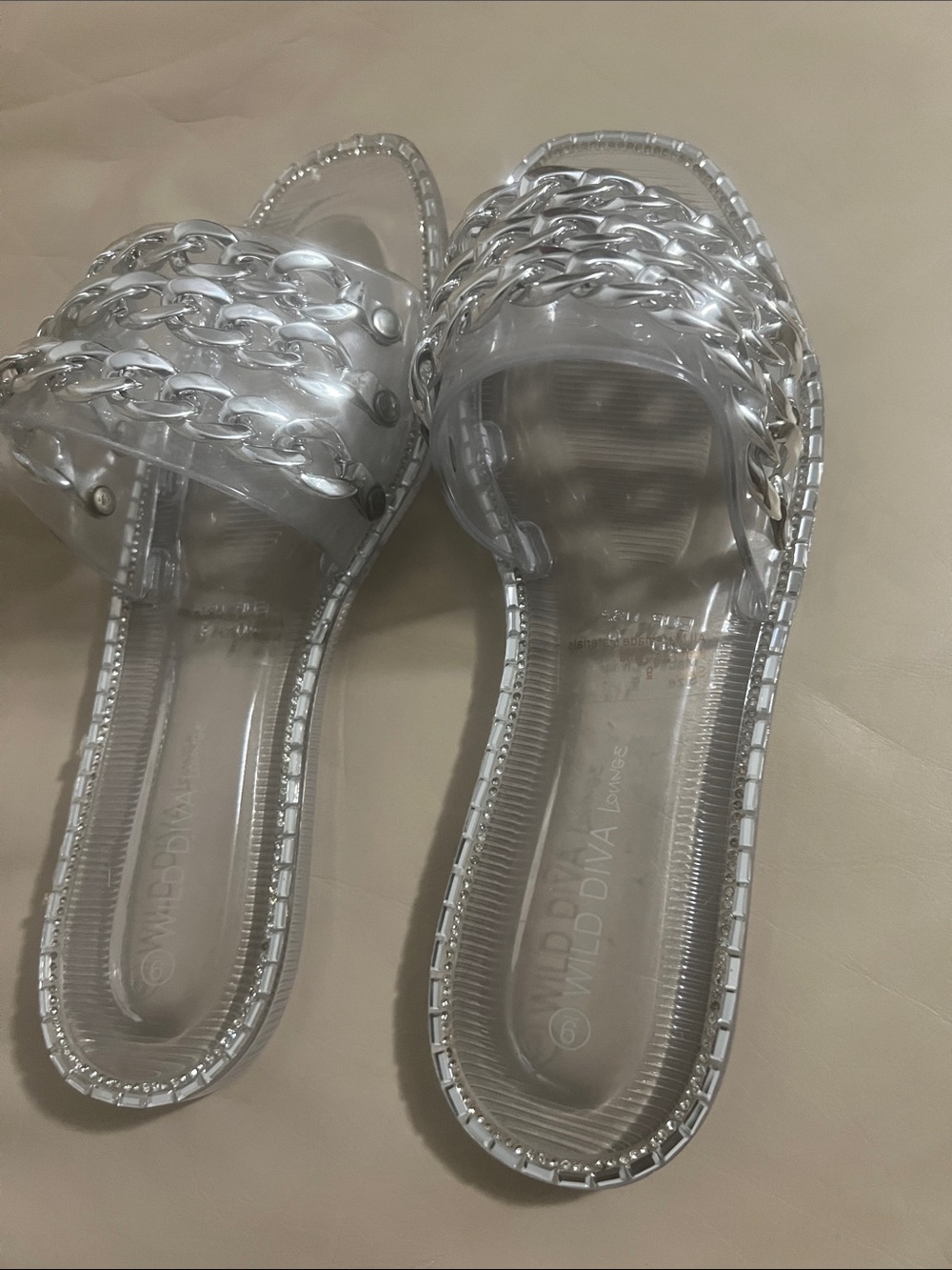 Wild Diva Clear Slide Sandals with Silver Chain Detail - Clear/Silver